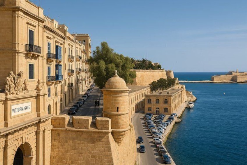 A coastal street with parked cars, a prominent building labeled 'Victoria Gate,' and a clear blue sea. 3