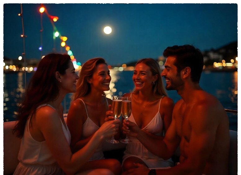 A group of people toasting with champagne on a boat at night. 3