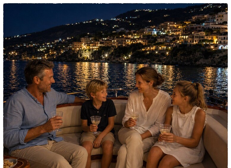 A family on a boat with a coastal town in the background. 1