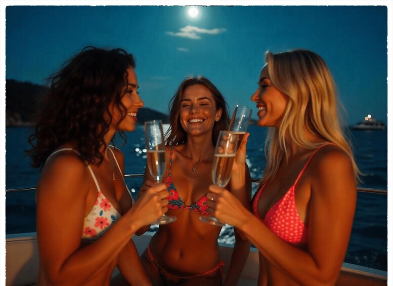 Three women toasting with champagne glasses on a boat at night. 2