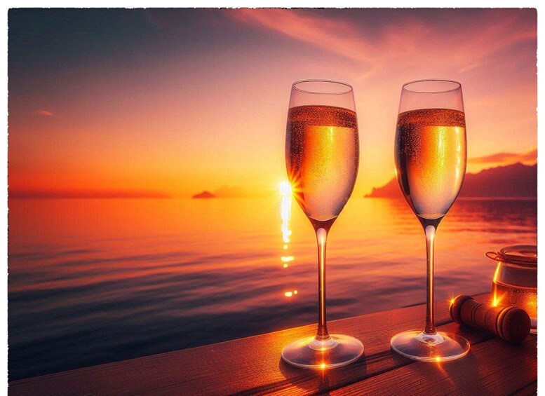 Two champagne flutes on a wooden surface with a sunset in the background. 4