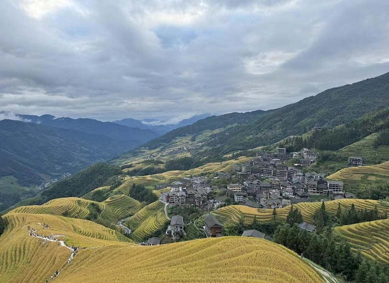Terraced rice fields, a village with traditional architecture, and rolling hills in the background. 2