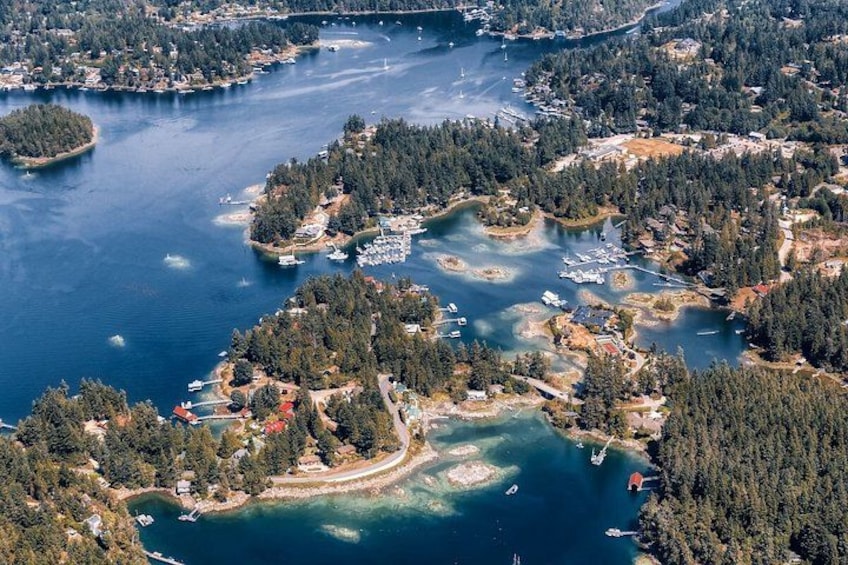Vista aérea de una zona costera con varias islas, bosques densos y un puerto deportivo con barcos. 2