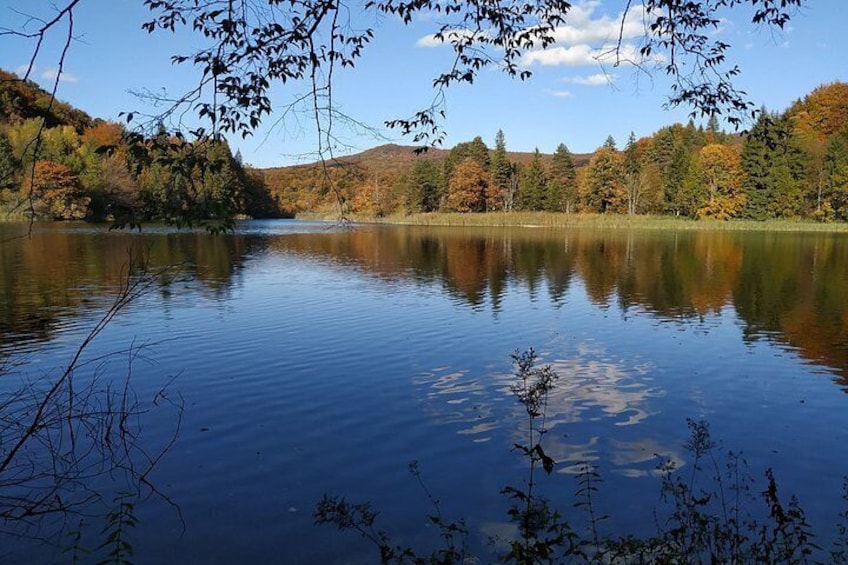 A calm lake surrounded by autumn-colored trees and hills. 5