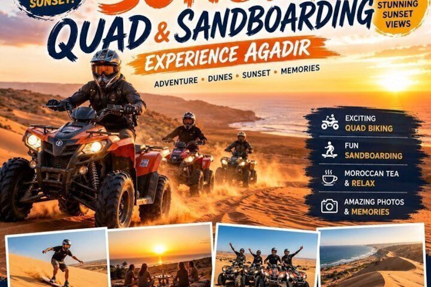 Des quads sur un sentier désertique, avec un coucher de soleil en arrière-plan. 1