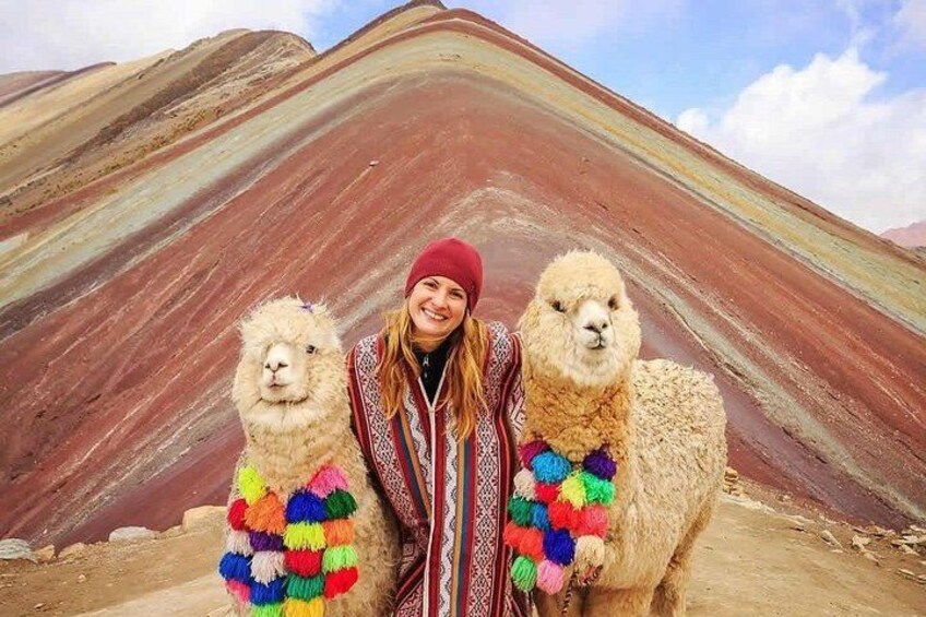 Eine Person mit zwei Lamas in einer farbenfrohen Landschaft. 4