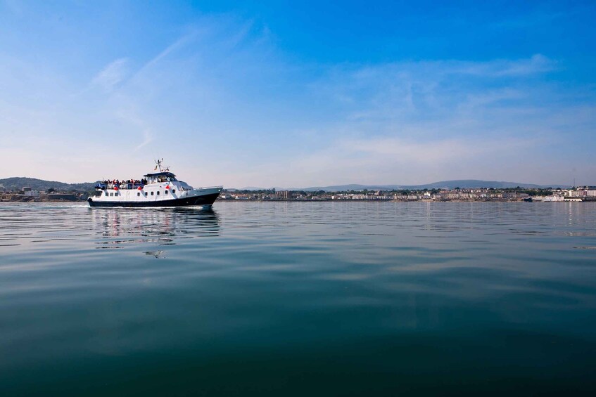 A white boat with passengers on a calm body of water, with a cityscape and hills in the background. 5