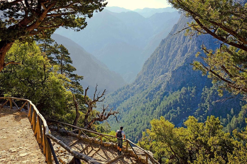 A hiker on a wooden trail overlooking a mountainous landscape. 1