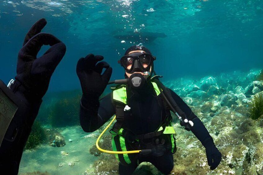 A diver underwater with a green oxygen tank and black gloves. 2