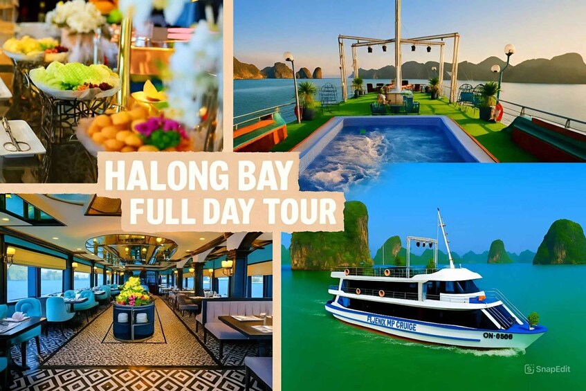 A boat named 'LAVENDER MP CRUISE' on water, a dining area with tables and chairs, and a poolside setting with a view of the sea. 1