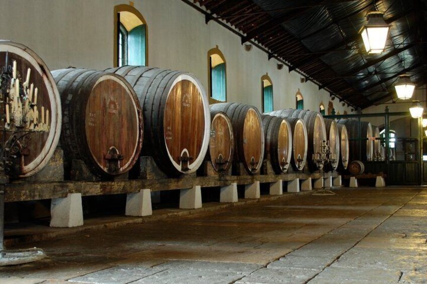 Des barriques en bois, alignées dans une pièce faiblement éclairée, étaient disposées devant des fenêtres en arc de cercle. 2