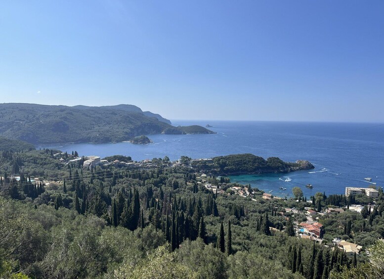 A coastal landscape with dense forests, a clear blue sea, and a small town with buildings near the shore. 4