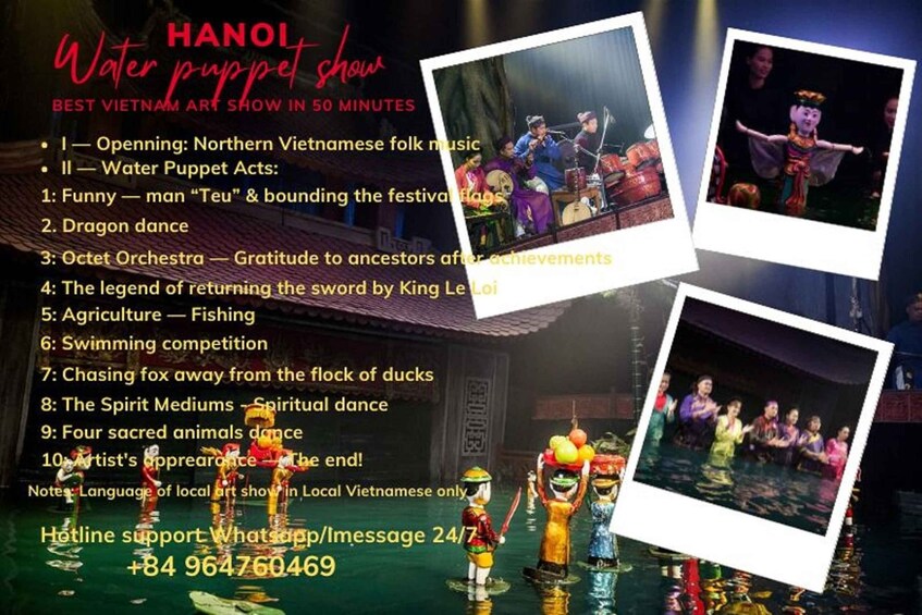 A poster for a Water Puppet show in Hanoi, featuring a list of acts including Northern Vietnamese folk music, dragon dance, and a swimming competition. 2