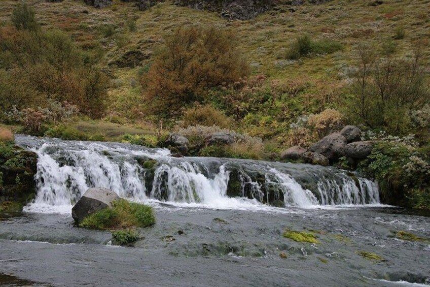 Ein Wasserfall stürzt in einer natürlichen Umgebung herab, umgeben von dichter Vegetation. 3