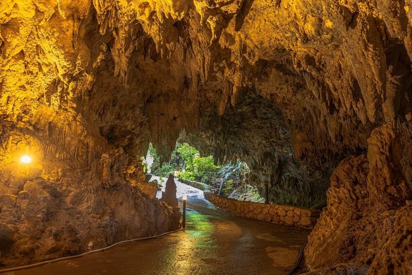 Une grotte dotée d’un canal d’eau et d’un sentier menant à un paysage naturel. 2