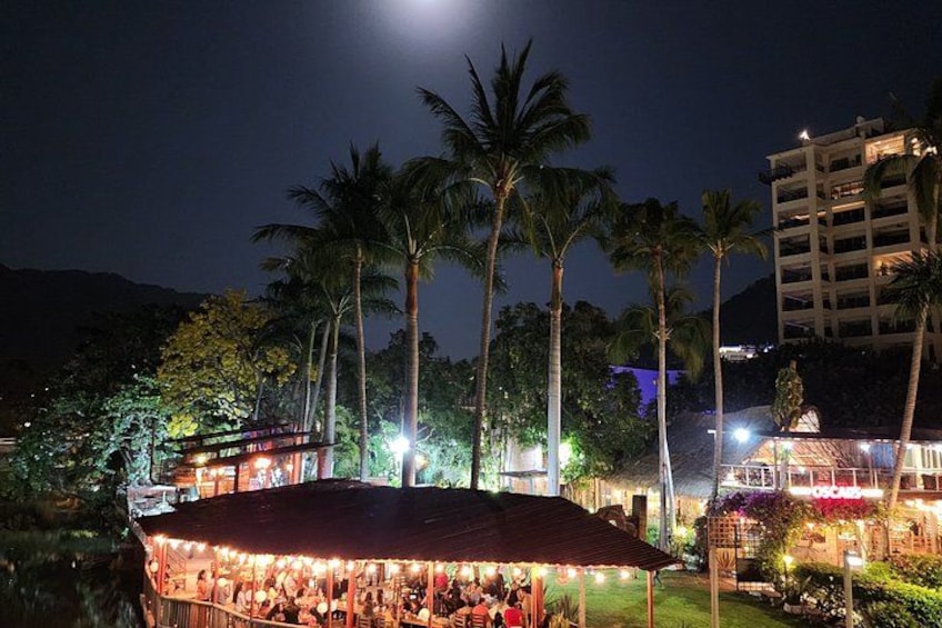 A night scene with a lit-up building, palm trees, and a hill in the background. 5