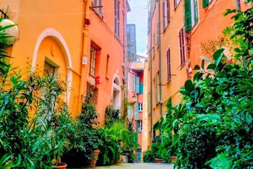 A narrow alley with orange buildings, green plants, and a clear sky. 2
