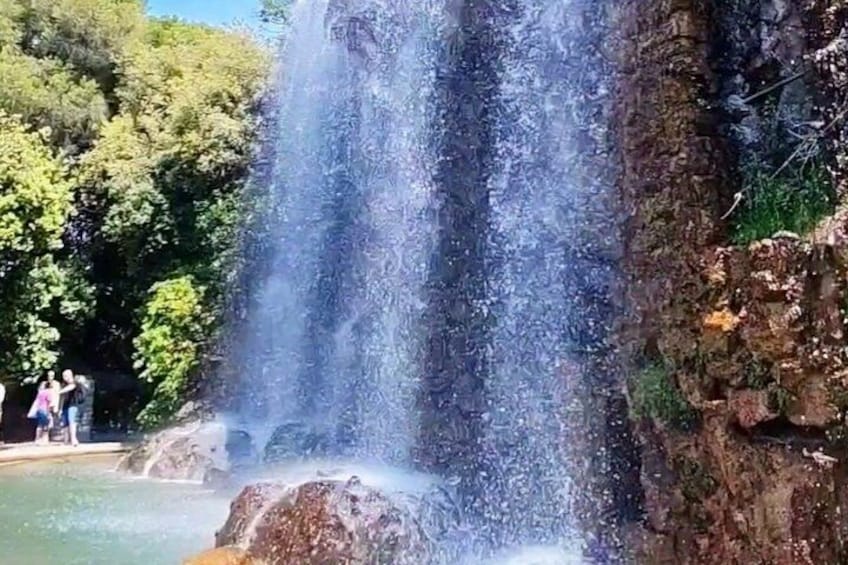 Una cascata che si getta giù da una scogliera rocciosa, circondata da una vegetazione rigogliosa. 3