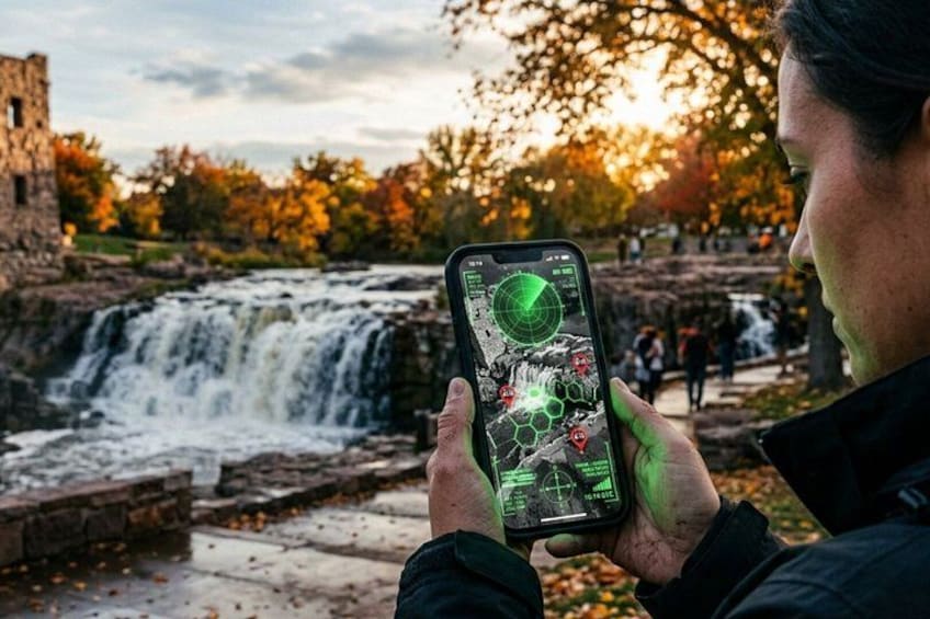 A person holding a smartphone with a map application, a waterfall, and autumn trees in the background. 1