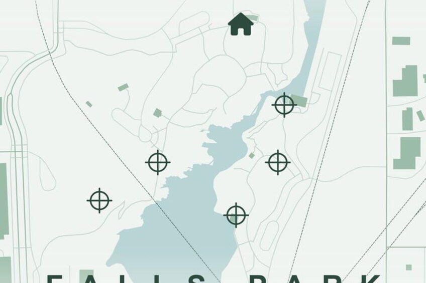 A map with a house icon, compass markers, and the text 'FALLS PARK'. 5