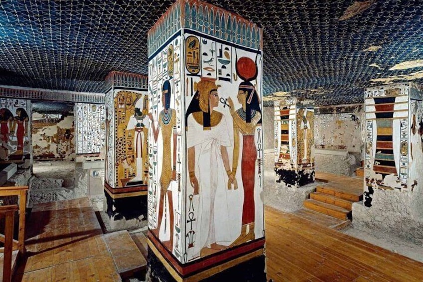 An ancient Egyptian tomb with hieroglyphs and wall paintings. 3