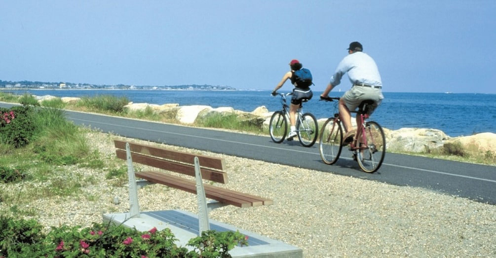 Two cyclists on a paved path by the sea with a bench and flowers. 2