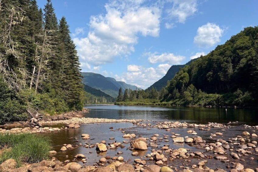 Ein Fluss mit Steinen, umgeben von dichtem Wald und Bergen. 3