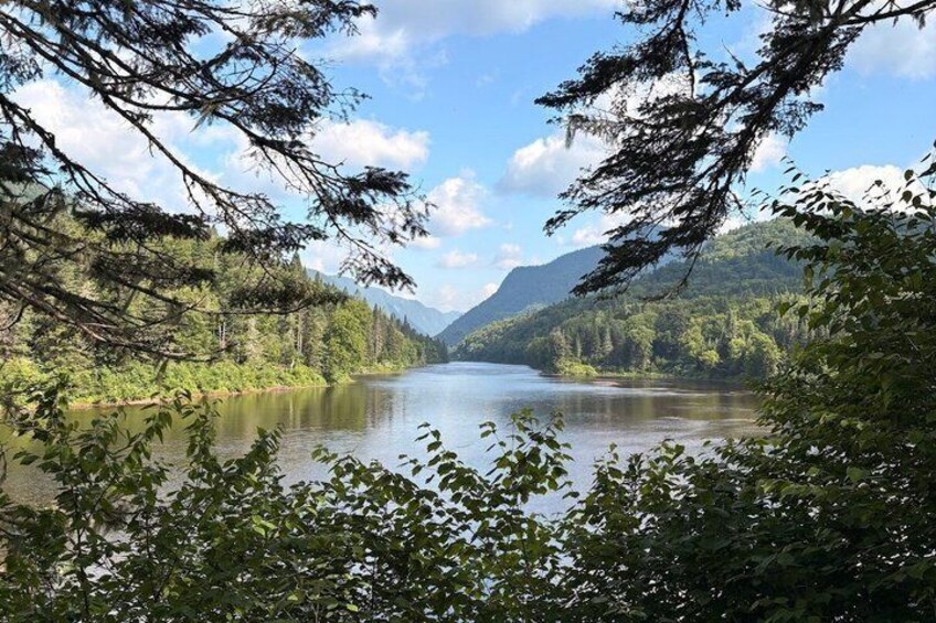 Ein ruhiger See, umgeben von dichtem Wald und Bergen. 4