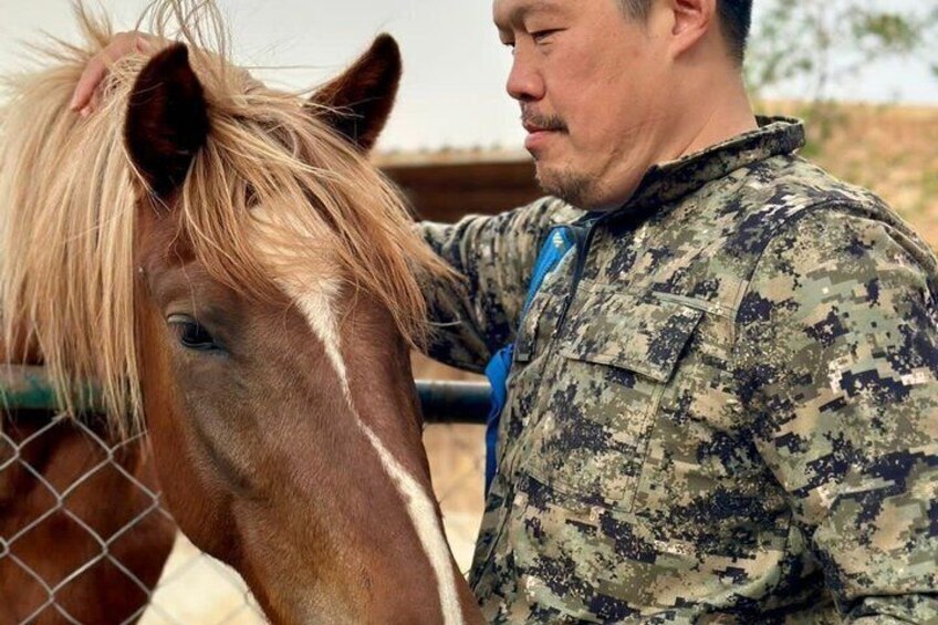 A person in military uniform petting a horse. 4