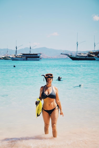 A woman in a bikini walking on a beach with boats in the background. 3