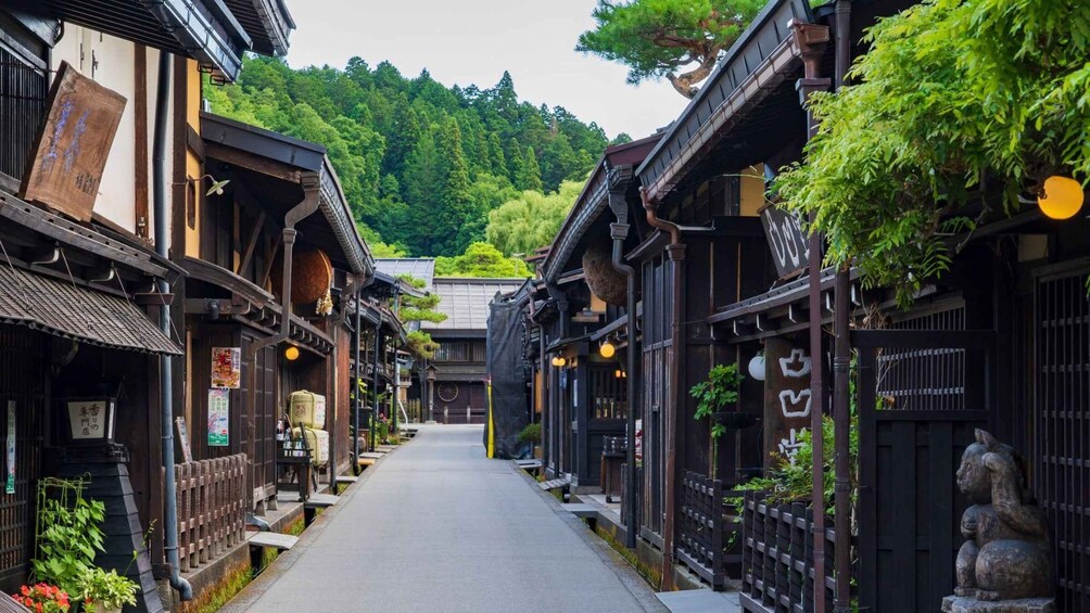 A narrow alley flanked by traditional wooden buildings with signage, leading towards a forested hill. 5