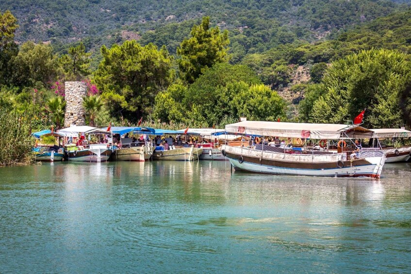 A row of boats docked along a riverbank with lush greenery in the background. 5