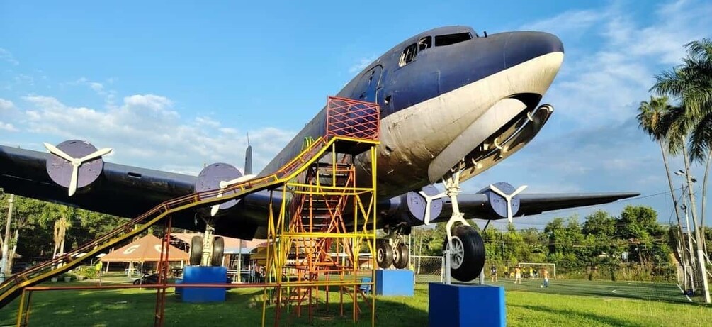 A large airplane with a yellow staircase leading to its door, parked on a grassy field with palm trees in the background. 2