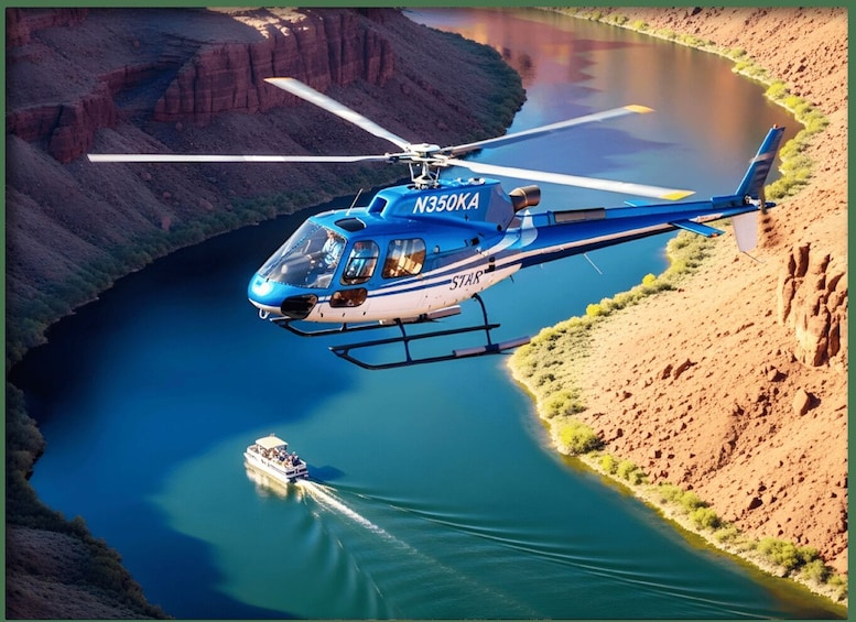 A blue helicopter with 'N350KA' and 'STAR' on it flying over a river with a boat. 1