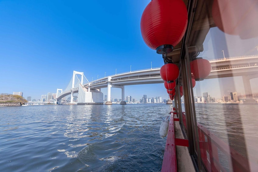 A river with a bridge and city skyline in the background. 1
