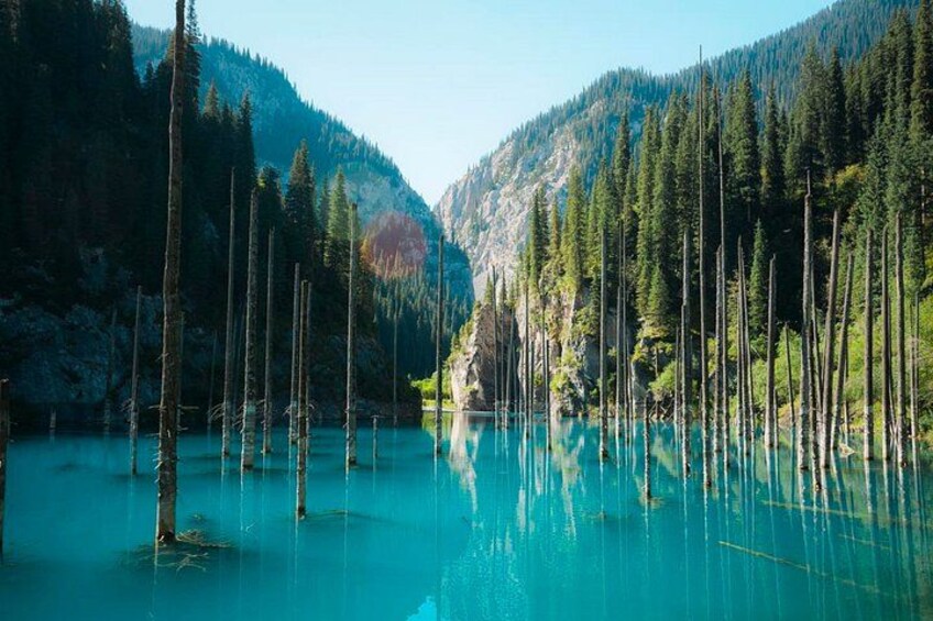Un lago rodeado de altos árboles y montañas. 4