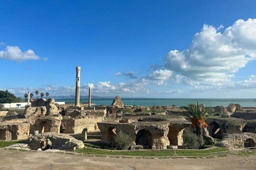 Rovine antiche con colonne e archi, una palma e un cielo azzurro limpido. 4