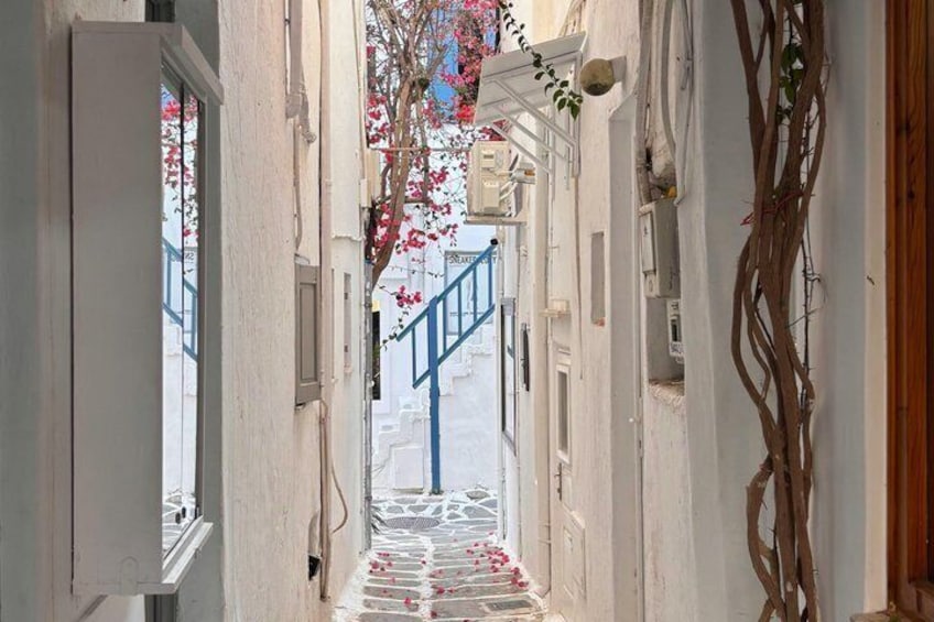Une ruelle étroite aux murs blancs, agrémentée de rampes bleues et d’un escalier menant à l’entrée d’un immeuble. 3