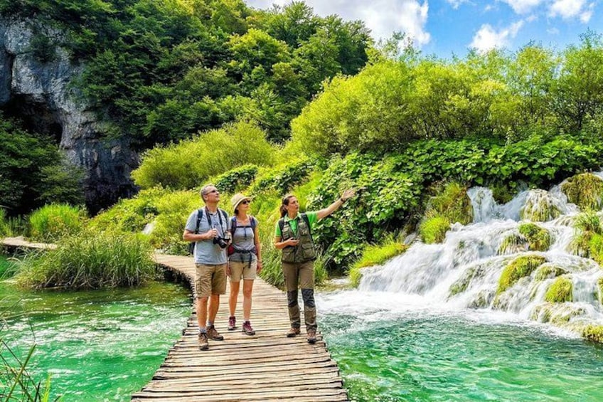 A wooden bridge over a river with a waterfall, surrounded by lush greenery. 5