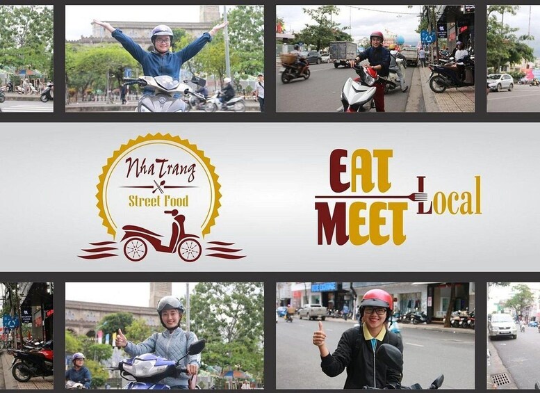 A collage of street food scenes with scooters, a logo for 'Vua Trang Street Food,' and a 'EAT MEET Local' slogan. 1