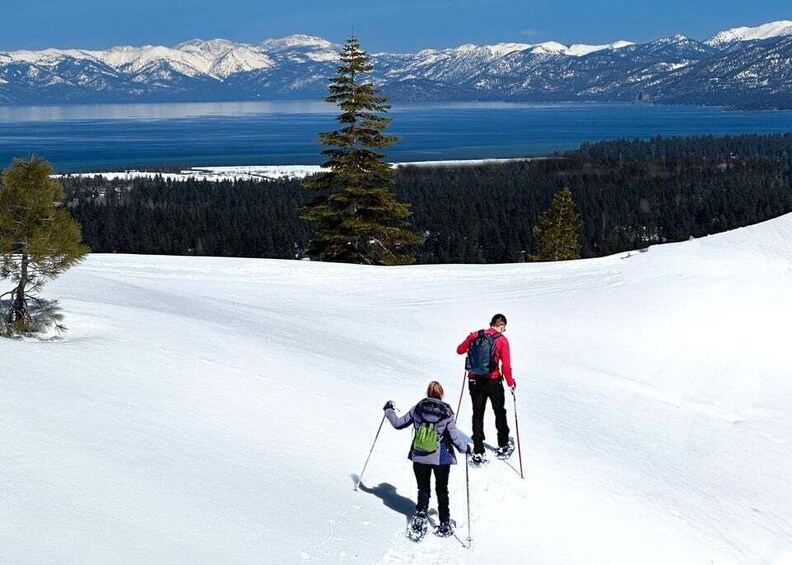 Two people skiing on a snowy slope with a mountain range and a lake in the background. 3