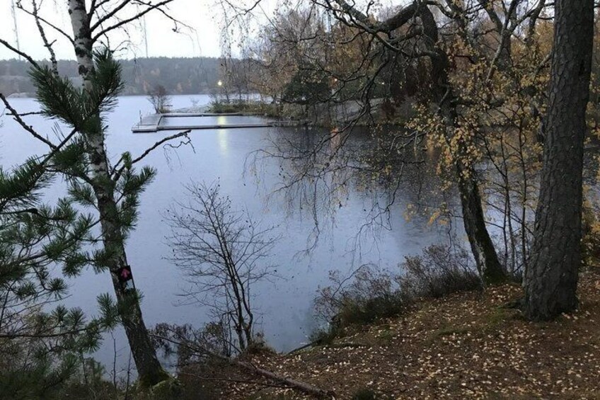 A calm lake surrounded by trees and a dock. 2
