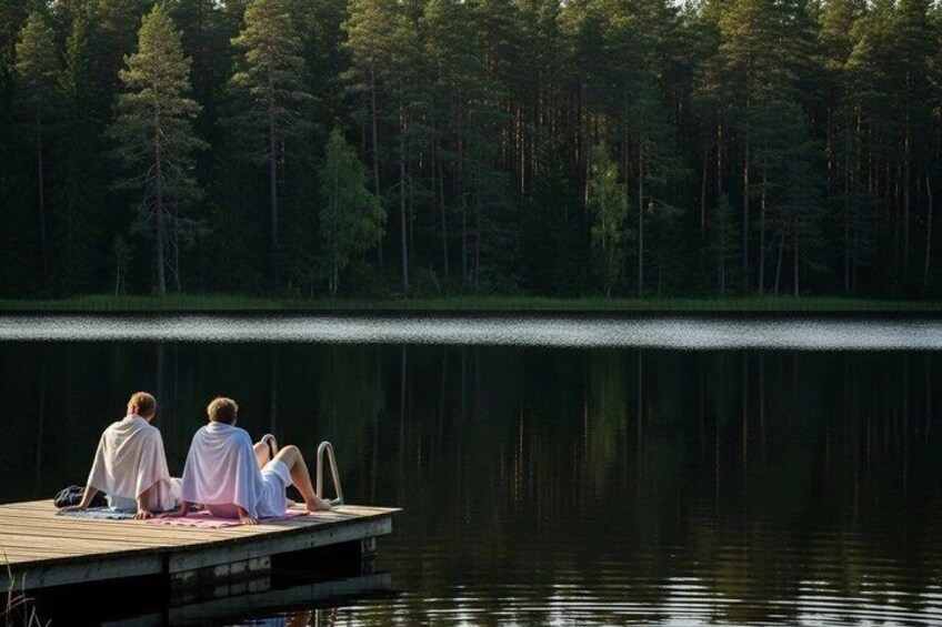 Three people sitting on a wooden dock by a calm lake surrounded by dense forest. 1