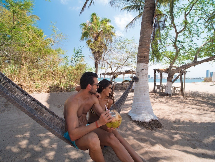 A couple relaxing on a hammock on a sandy beach with palm trees and a clear sky. 4