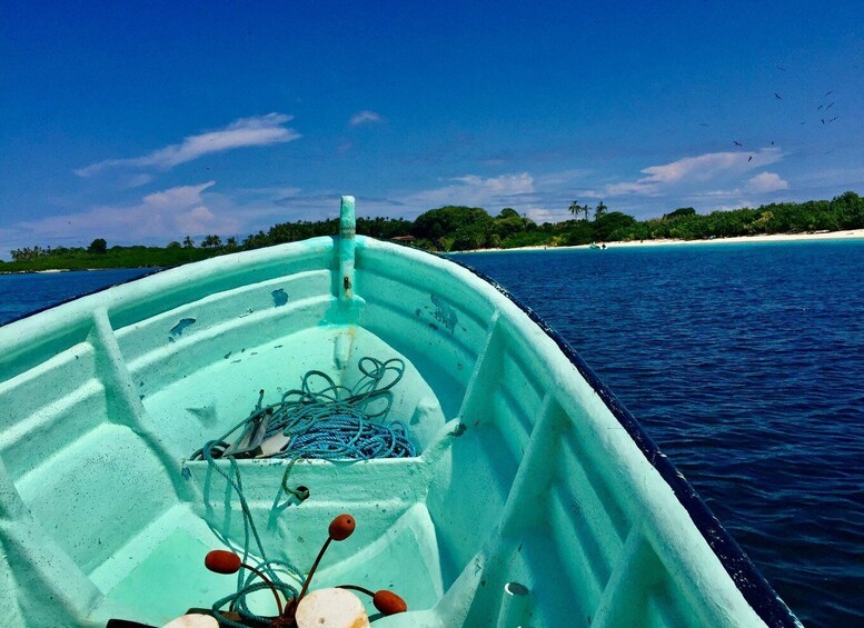 A boat with a turquoise interior and ropes, sailing on clear blue waters with a beach and palm trees in the background. 3
