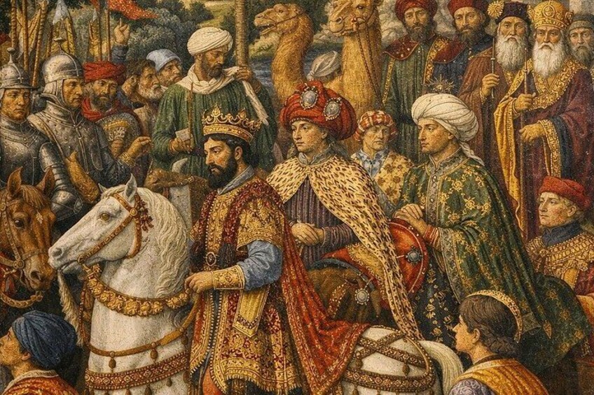 A historical scene with a central figure on horseback, surrounded by people in period attire. 1