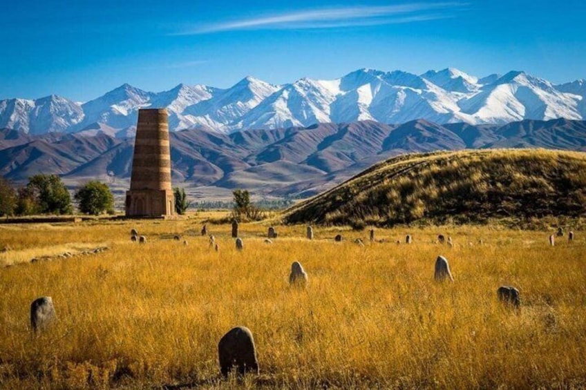 A field with standing stones, a tall tower, and snow-capped mountains in the background. 1