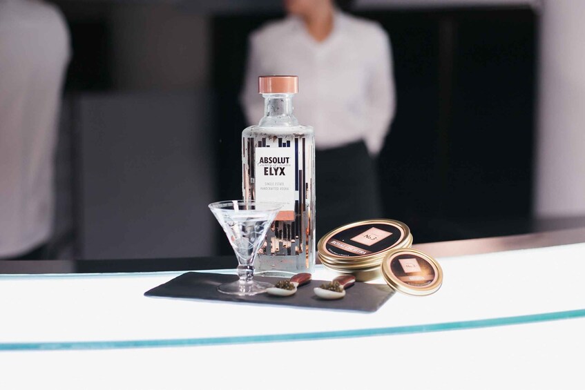 A bottle of Absolut ELYX vodka, a martini glass, and two gold-topped containers on a table. 4