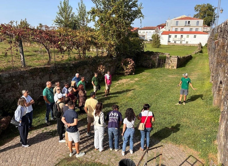 A group of people standing on a stone pathway, a grassy area, and a stone wall. 3