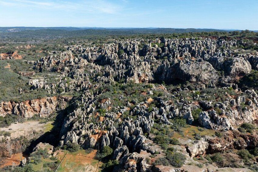 Eine zerklüftete Landschaft mit vielen Felsen und vereinzelter Vegetation. 4